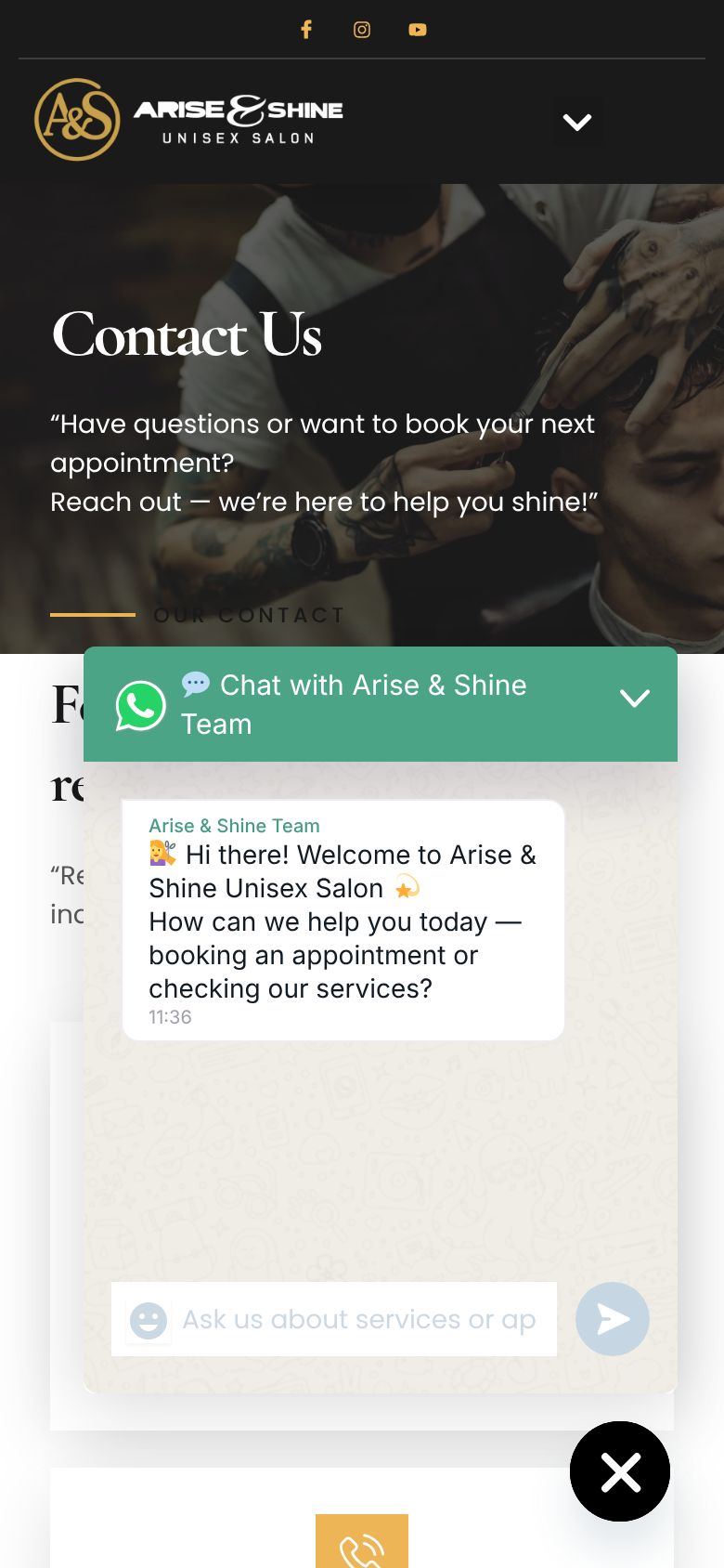 Live contact page on a phone